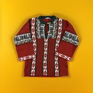 VTG 70s 80s Nordic Toggle Sweater‎ Red Green Knit Acrylic Taiwan Ski Lodge Large